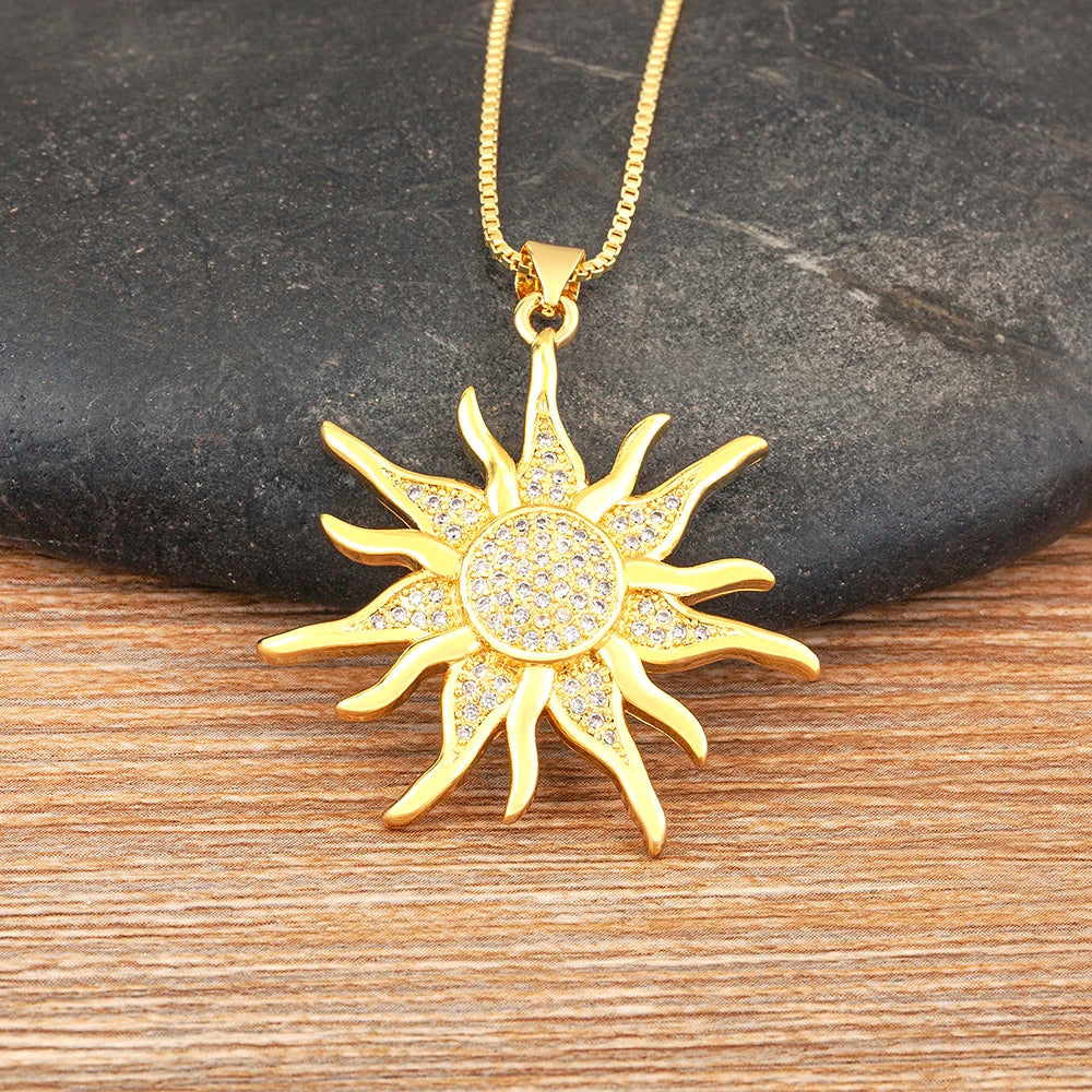 New Fashion Sun Shape Shiny Zircon Lucky Pendant Necklace 3 Styles For Women Punk Style Clavicle Chain Accessories Gifts - Floq & Raman