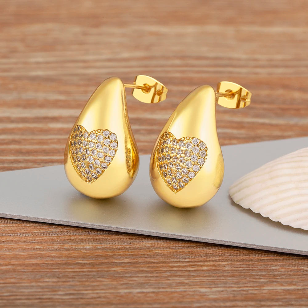 Hot Sale Shiny Heart Pattern Large Water Drop Metal Earrings For Women Retro Smooth Chunky Ear Jewelry Wedding Gifts - Floq & Raman