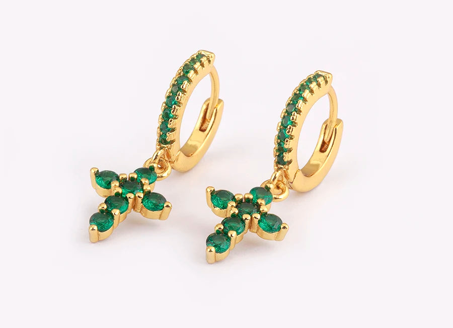 New Trendy Inlaid Green Zircon Cross Charm Drop Earrings For Women Girls Birthday Party Ear Jewelry Wholesale Accessories - Floq & Raman