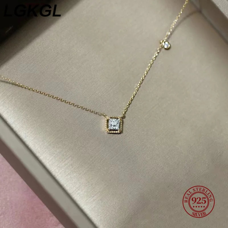 925 Sterling silver plated 18K gold emerald necklace Women's vintage sugar square advanced design sense of all clavicle ch - Floq & Raman
