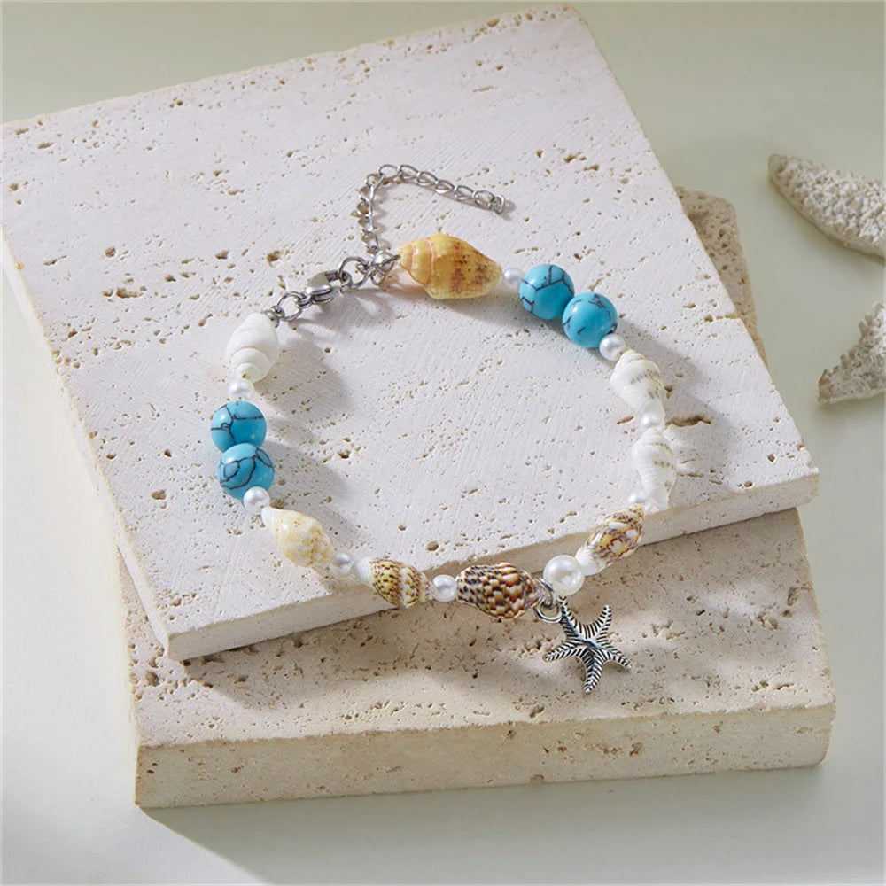 Dolphin, Starfish & Shell Pendant Bracelet – Conch Beads, Zinc Alloy, Adjustable | Summer Jewelry for Women - Floq & Raman