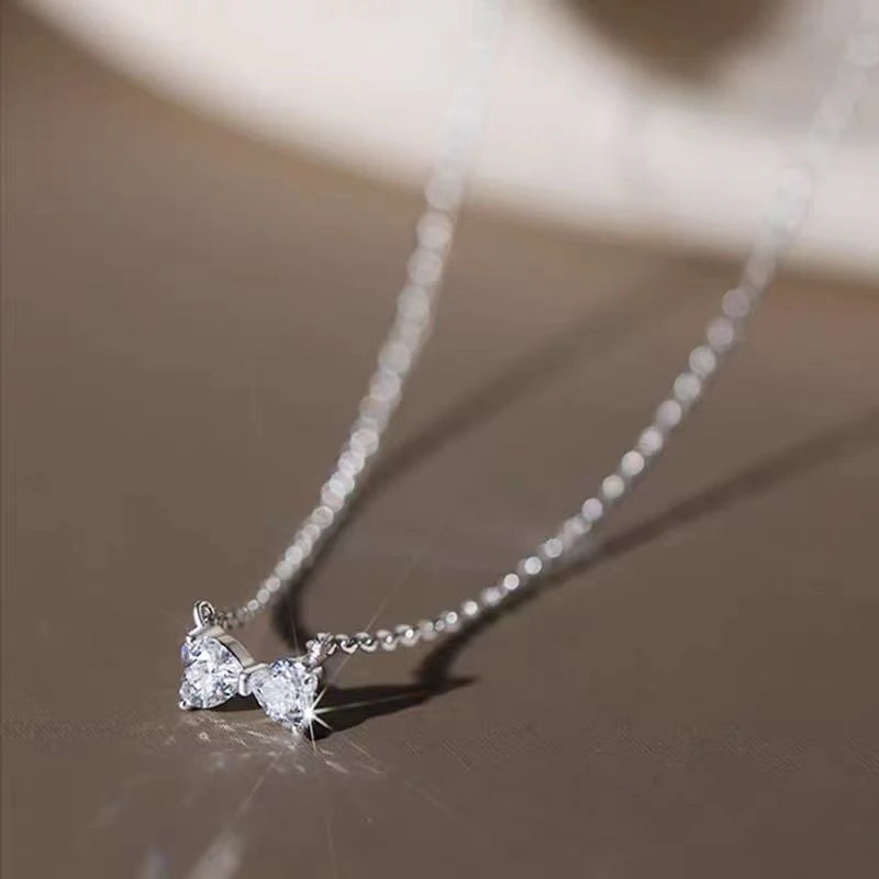 925 Sterling Silver Romantic 14k Gold Plated Shiny Zircon Bow Love Chain Necklace for Women Teen Charming Party Jewelry - Floq & Raman