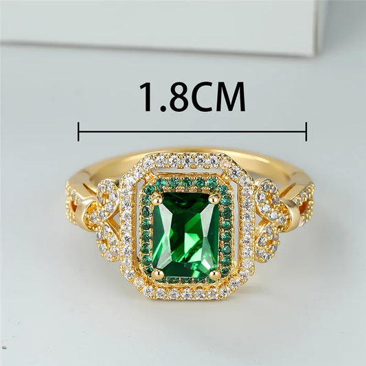 Luxury Green Zircon Square Stone Ring for Women | Classic Gold Color Engagement & Wedding Band | Minimalist Crystal Jewelry - Floq & Raman
