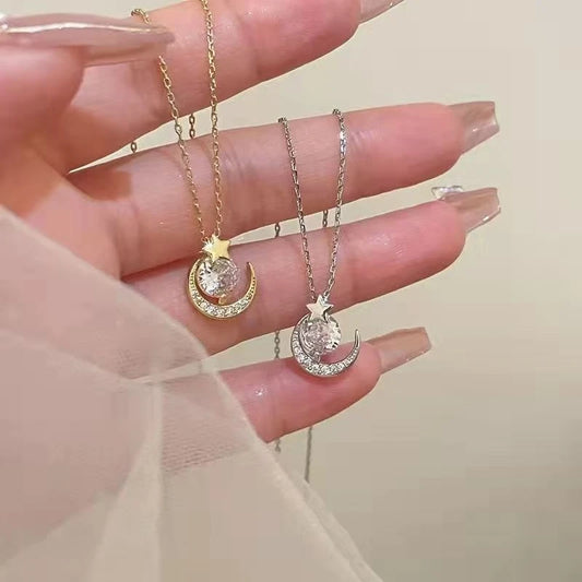 S925 Sterling Silver Star Moon Pendant Necklace Minimalist Luxury Unique Cold Style Lockbone Chain Jewelry - Floq & Raman