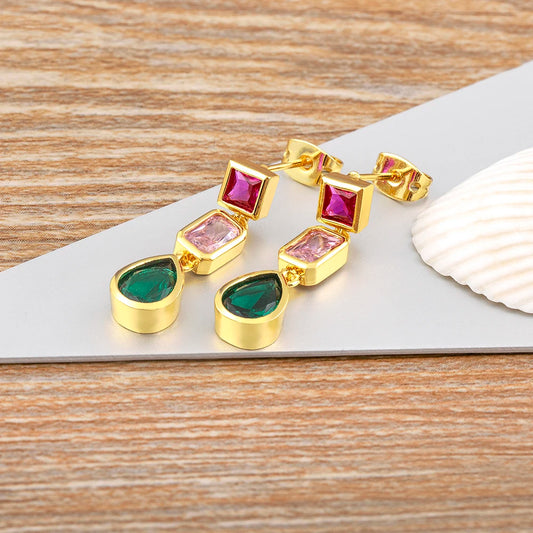 Trendy Dangle Drop Earrings for Women Colorful Color Rainbow Zircon Jewelry Accessories Fine Wedding Engagement Gift - Floq & Raman