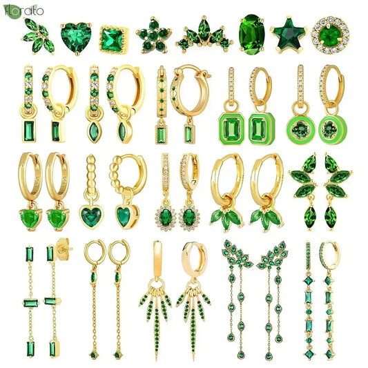 925 Sterling Silver Green Crystal CZ Hoop Earrings for Women | 2023 Luxury Gold Small Huggie Earrings | Fashion Piercing Jewelry - Floq & Raman