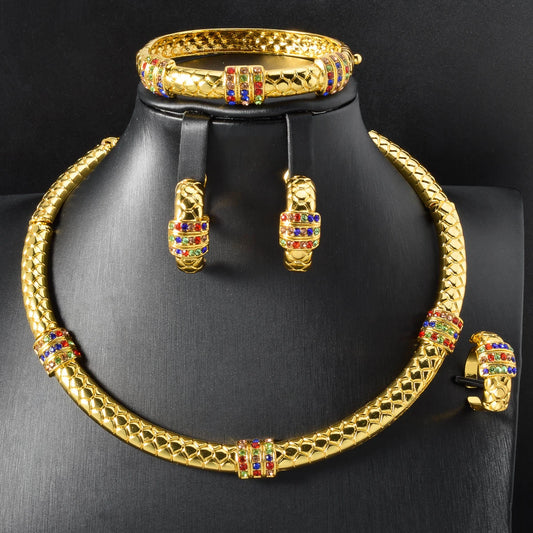 Luxury 18k Gold-Plated Women's Jewelry 4-Piece Round Necklace Bracelet Earrings Ring Gold Classic Dubai Wedding Gift - Floq & Raman