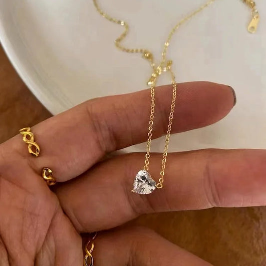 S925 Sterling Silver 14K Gold Plated Heart-Shaped Diamond Necklace Sparkling Gentle Clavicle Chain Jewelry - Floq & Raman