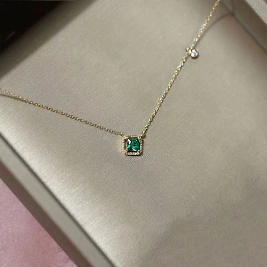 925 Sterling silver plated 18K gold emerald necklace Women's vintage sugar square advanced design sense of all clavicle ch - Floq & Raman