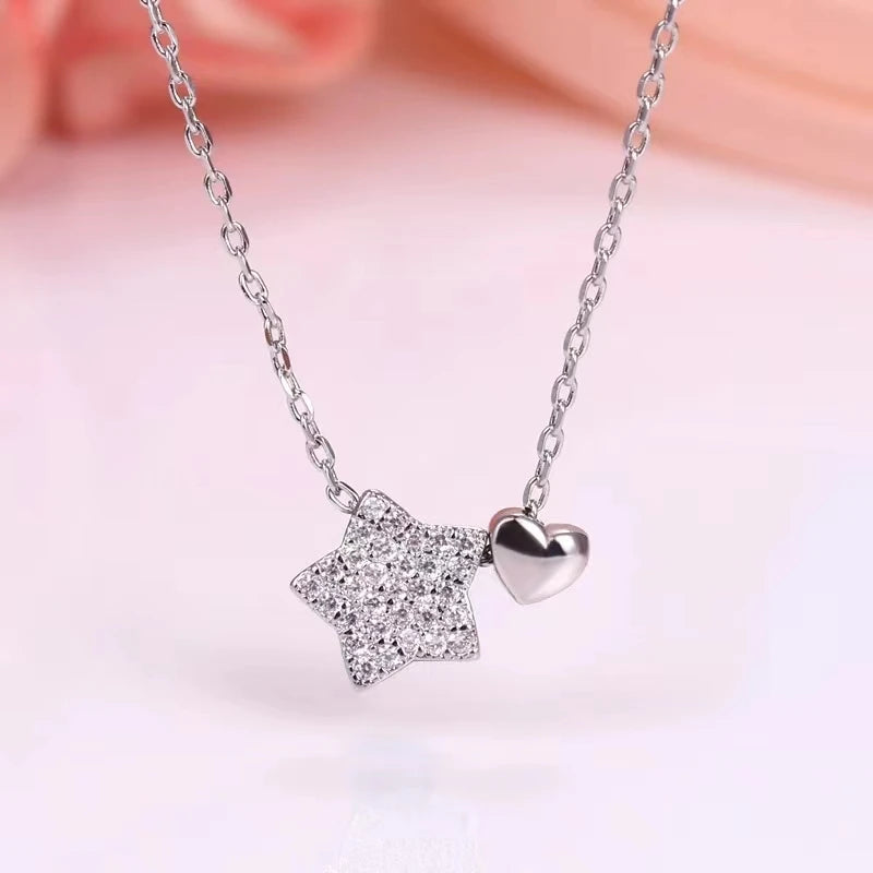 Real 925 Sterling Silver Necklace Sweet Star Heart Pendant 18k Necklace For Women Wedding Statement Fine Jewelry - Floq & Raman