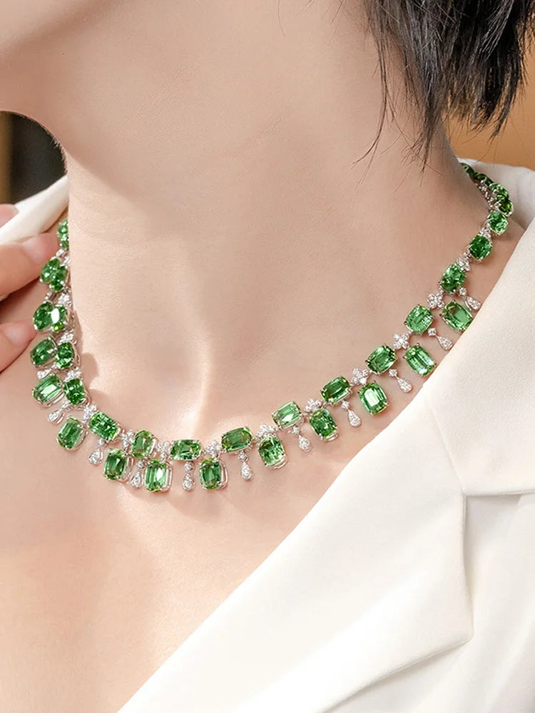 NEW Simulation Green Tourmaline Choker Necklace For Women Wedding Accessories Silver Color Chain European Design Chokers Jewelry - Floq & Raman