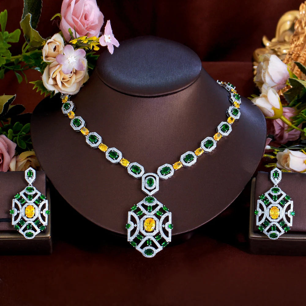 Luxury Chunky Zircon Necklace & Earring Set – Green & Yellow Statement Jewelry for Wedding or Banquet - Floq & Raman