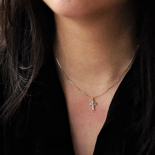 SS925 sterling silver plated 14K gold simple cross necklace clavicle chain women's pendant gift - Floq & Raman