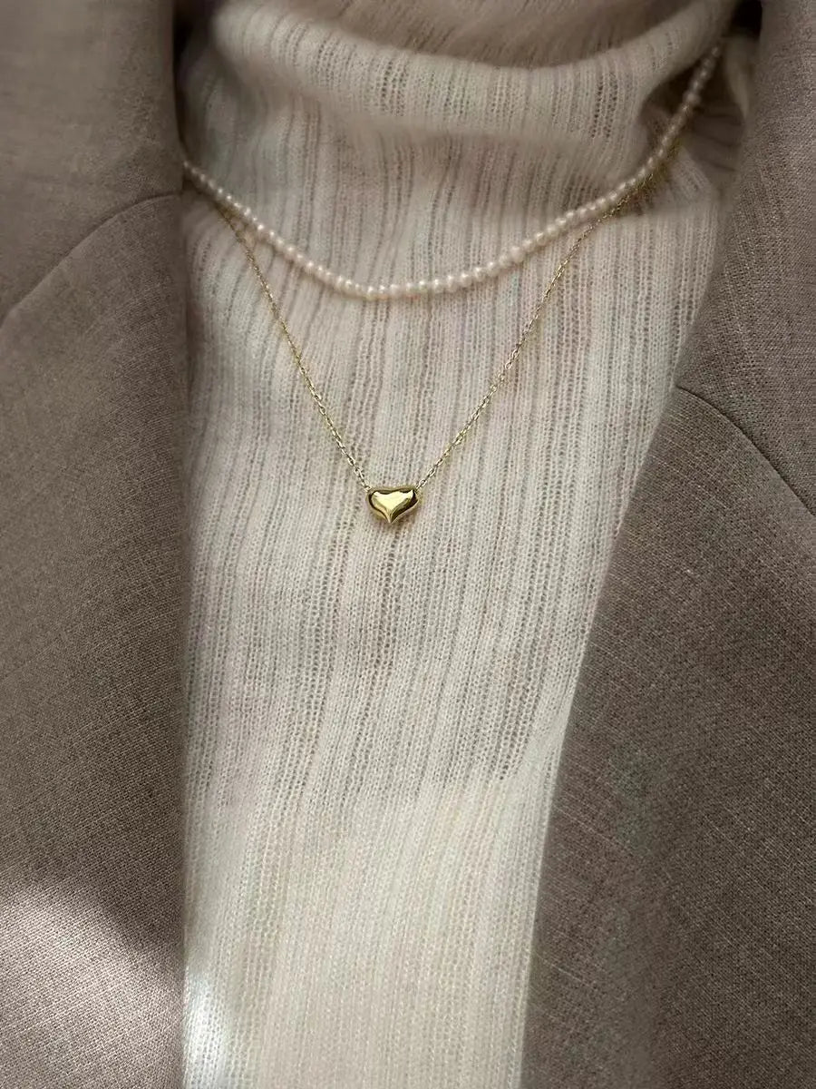 925 Sterling Silver Glossy Heart Pendant Plated 14K Gold Necklace Women Fashion Temperament Anniversary Jewelry - Floq & Raman