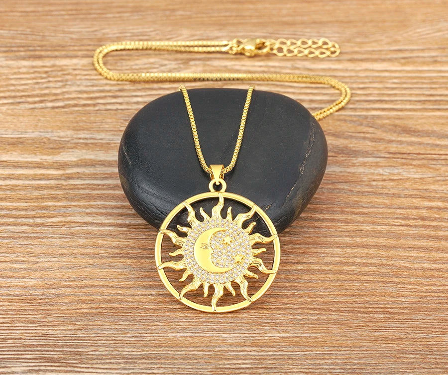 New Fashion Sun Shape Shiny Zircon Lucky Pendant Necklace 3 Styles For Women Punk Style Clavicle Chain Accessories Gifts - Floq & Raman