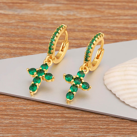 New Trendy Inlaid Green Zircon Cross Charm Drop Earrings For Women Girls Birthday Party Ear Jewelry Wholesale Accessories - Floq & Raman