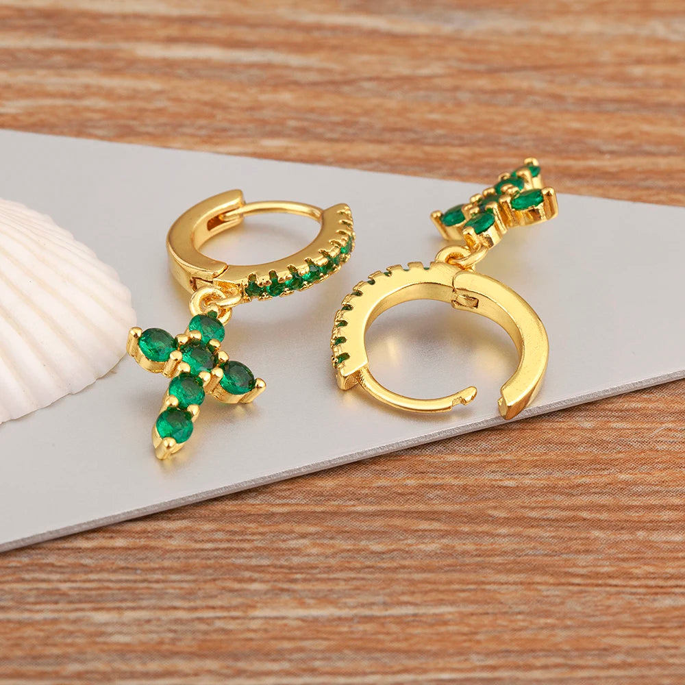 New Trendy Inlaid Green Zircon Cross Charm Drop Earrings For Women Girls Birthday Party Ear Jewelry Wholesale Accessories - Floq & Raman