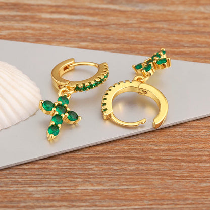 New Trendy Inlaid Green Zircon Cross Charm Drop Earrings For Women Girls Birthday Party Ear Jewelry Wholesale Accessories - Floq & Raman