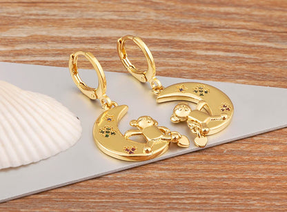 New Creative Design Moon Little Bear Heart Shape Zircon Earrings For Women Girl Fashion Cute Ear Jewelry Daily Party Gifts - Floq & Raman