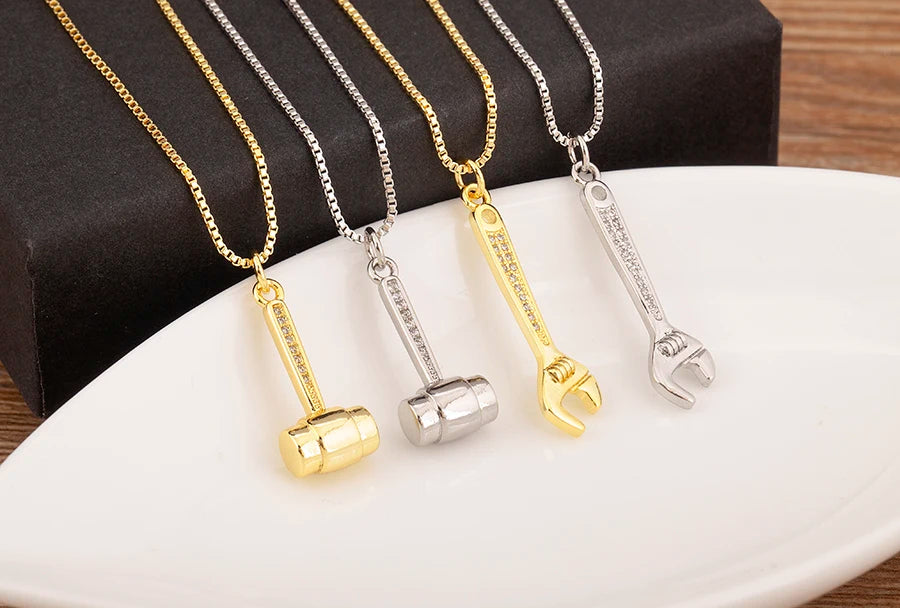 New Popular Balance Hammer Pliers Shape Charm Pendant Necklace 3 Styles For Women Pave Shiny Crystal Zircon Jewelry Gifts - Floq & Raman