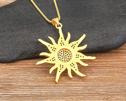 New Fashion Sun Shape Shiny Zircon Lucky Pendant Necklace 3 Styles For Women Punk Style Clavicle Chain Accessories Gifts - Floq & Raman