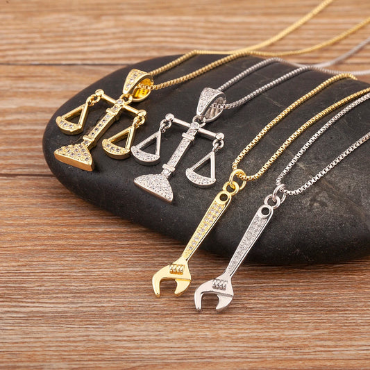 New Popular Balance Hammer Pliers Shape Charm Pendant Necklace 3 Styles For Women Pave Shiny Crystal Zircon Jewelry Gifts - Floq & Raman