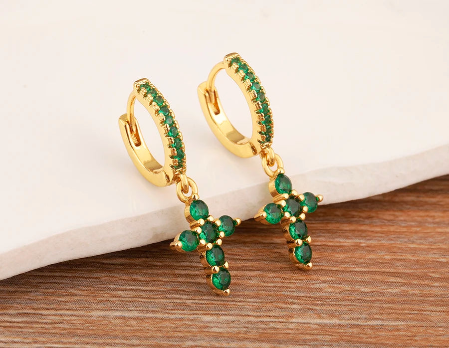 New Trendy Inlaid Green Zircon Cross Charm Drop Earrings For Women Girls Birthday Party Ear Jewelry Wholesale Accessories - Floq & Raman