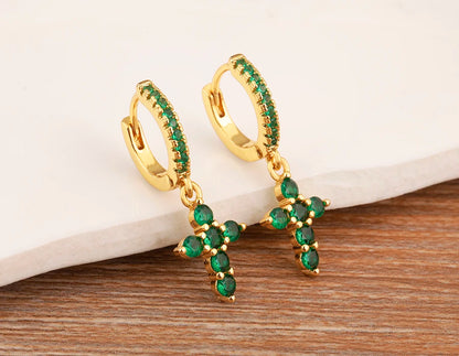 New Trendy Inlaid Green Zircon Cross Charm Drop Earrings For Women Girls Birthday Party Ear Jewelry Wholesale Accessories - Floq & Raman