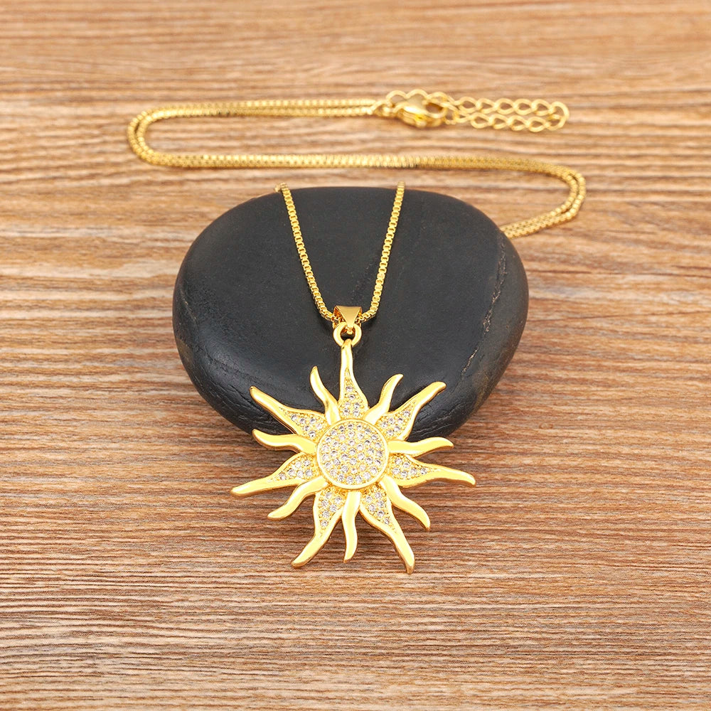 New Fashion Sun Shape Shiny Zircon Lucky Pendant Necklace 3 Styles For Women Punk Style Clavicle Chain Accessories Gifts - Floq & Raman