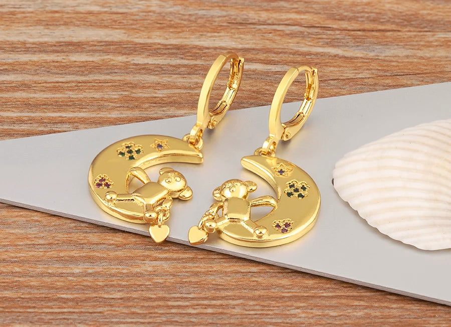 New Creative Design Moon Little Bear Heart Shape Zircon Earrings For Women Girl Fashion Cute Ear Jewelry Daily Party Gifts - Floq & Raman