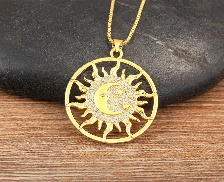 New Fashion Sun Shape Shiny Zircon Lucky Pendant Necklace 3 Styles For Women Punk Style Clavicle Chain Accessories Gifts - Floq & Raman