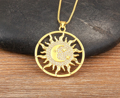 New Fashion Sun Shape Shiny Zircon Lucky Pendant Necklace 3 Styles For Women Punk Style Clavicle Chain Accessories Gifts - Floq & Raman