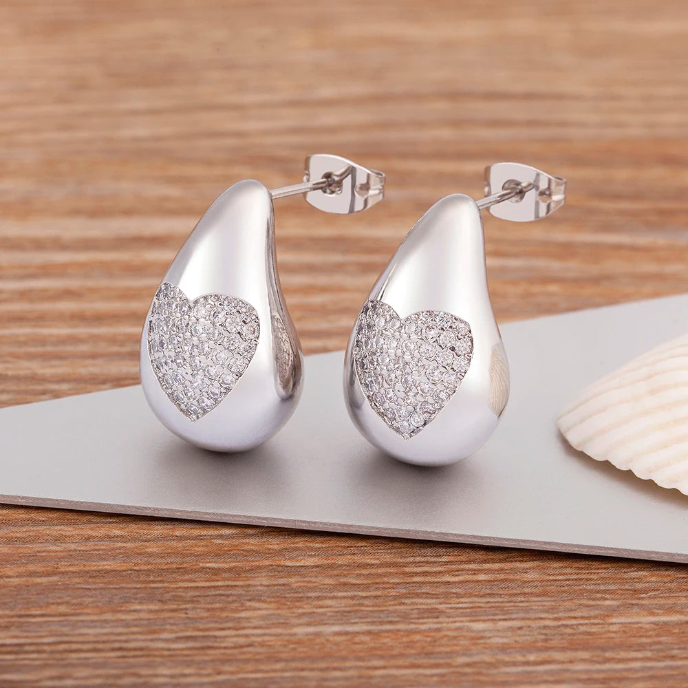 Hot Sale Shiny Heart Pattern Large Water Drop Metal Earrings For Women Retro Smooth Chunky Ear Jewelry Wedding Gifts - Floq & Raman