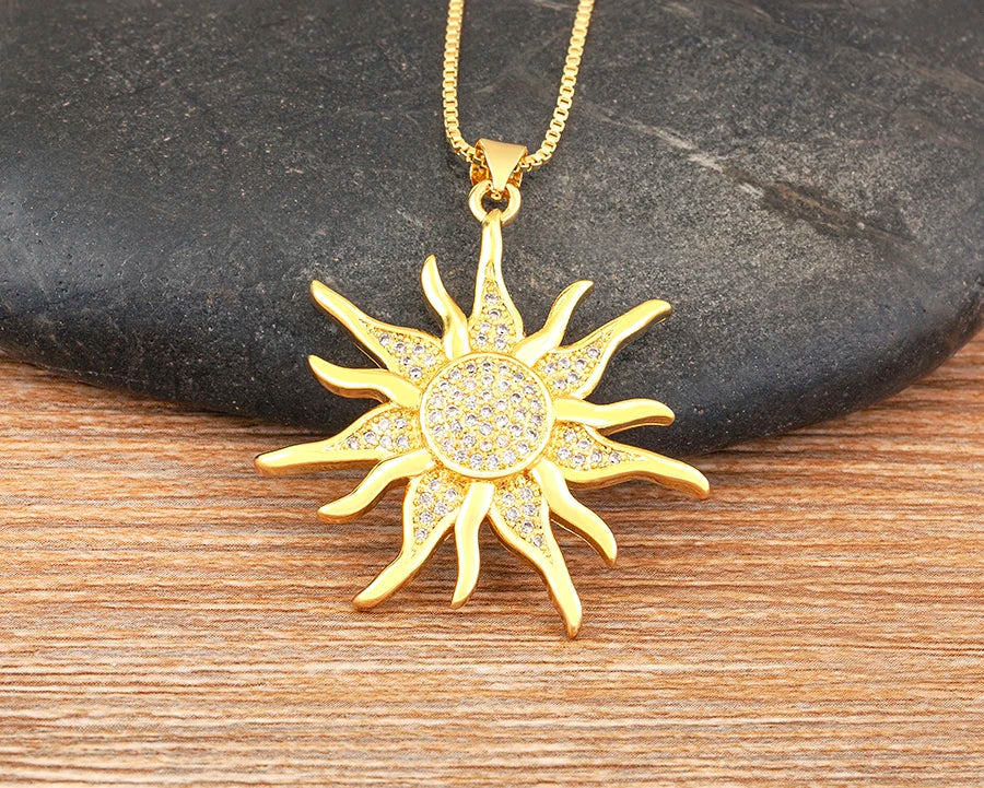 New Fashion Sun Shape Shiny Zircon Lucky Pendant Necklace 3 Styles For Women Punk Style Clavicle Chain Accessories Gifts - Floq & Raman