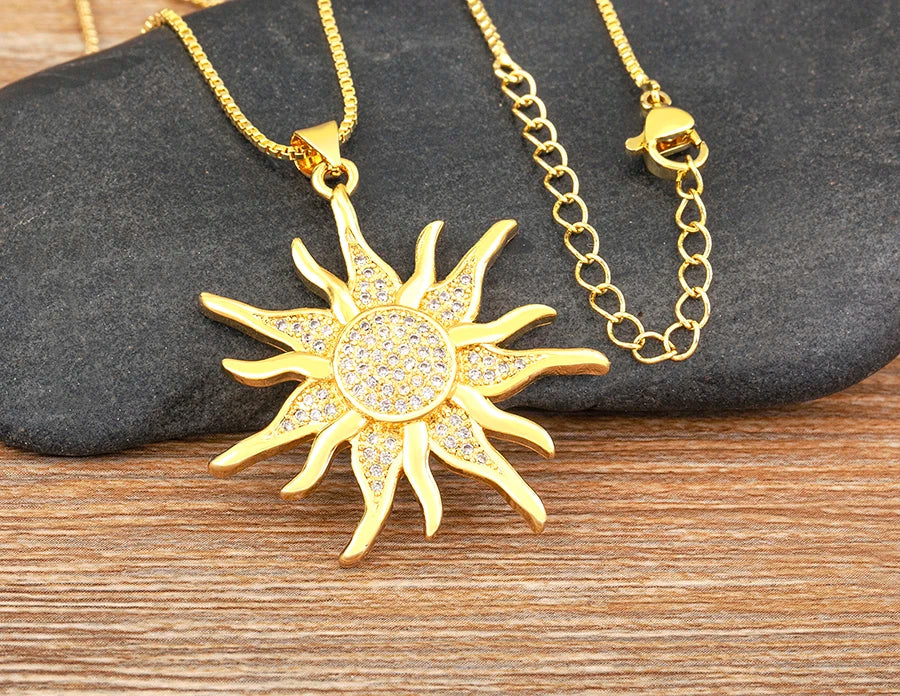 New Fashion Sun Shape Shiny Zircon Lucky Pendant Necklace 3 Styles For Women Punk Style Clavicle Chain Accessories Gifts - Floq & Raman