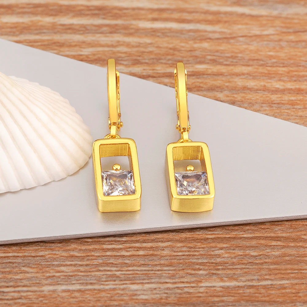 High Quality Hollow Design Rectangle Shape Shiny Zircon Charm Drop Earrings For Women Girl Wedding Party Ear Jewelry Gifts - Floq & Raman