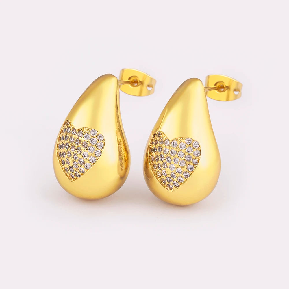 Hot Sale Shiny Heart Pattern Large Water Drop Metal Earrings For Women Retro Smooth Chunky Ear Jewelry Wedding Gifts - Floq & Raman