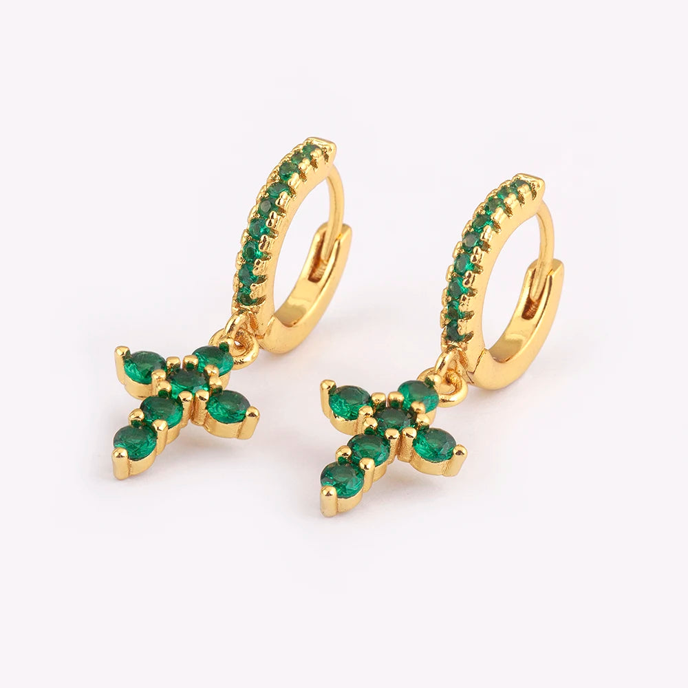 New Trendy Inlaid Green Zircon Cross Charm Drop Earrings For Women Girls Birthday Party Ear Jewelry Wholesale Accessories - Floq & Raman