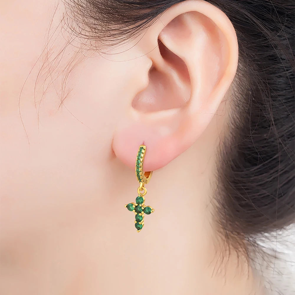 New Trendy Inlaid Green Zircon Cross Charm Drop Earrings For Women Girls Birthday Party Ear Jewelry Wholesale Accessories - Floq & Raman