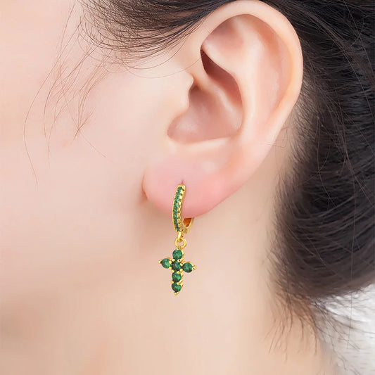 New Trendy Inlaid Green Zircon Cross Charm Drop Earrings For Women Girls Birthday Party Ear Jewelry Wholesale Accessories - Floq & Raman