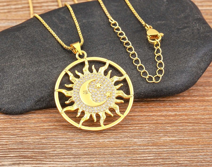 New Fashion Sun Shape Shiny Zircon Lucky Pendant Necklace 3 Styles For Women Punk Style Clavicle Chain Accessories Gifts - Floq & Raman