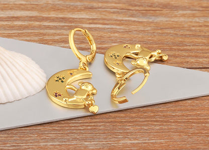 New Creative Design Moon Little Bear Heart Shape Zircon Earrings For Women Girl Fashion Cute Ear Jewelry Daily Party Gifts - Floq & Raman