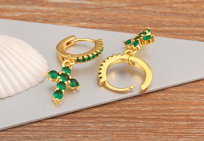 New Trendy Inlaid Green Zircon Cross Charm Drop Earrings For Women Girls Birthday Party Ear Jewelry Wholesale Accessories - Floq & Raman