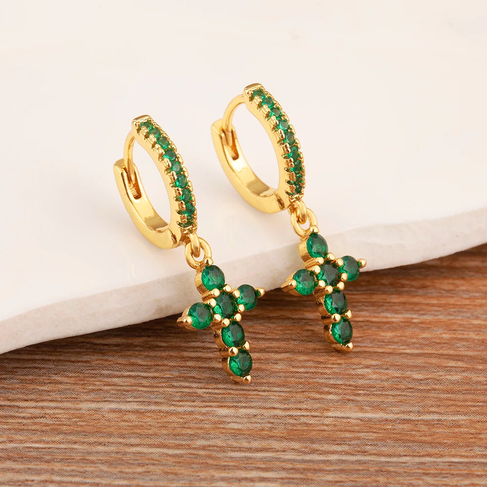 New Trendy Inlaid Green Zircon Cross Charm Drop Earrings For Women Girls Birthday Party Ear Jewelry Wholesale Accessories - Floq & Raman