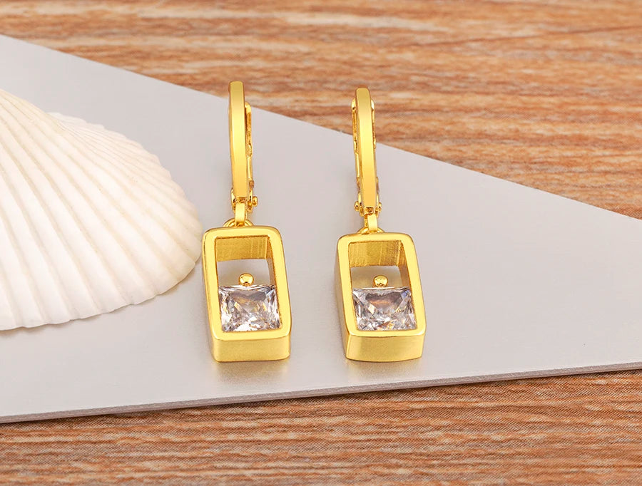 High Quality Hollow Design Rectangle Shape Shiny Zircon Charm Drop Earrings For Women Girl Wedding Party Ear Jewelry Gifts - Floq & Raman