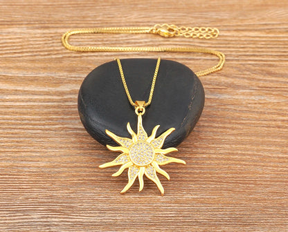 New Fashion Sun Shape Shiny Zircon Lucky Pendant Necklace 3 Styles For Women Punk Style Clavicle Chain Accessories Gifts - Floq & Raman