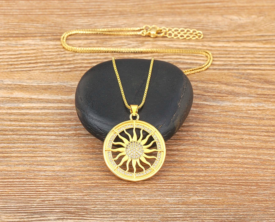 New Fashion Sun Shape Shiny Zircon Lucky Pendant Necklace 3 Styles For Women Punk Style Clavicle Chain Accessories Gifts - Floq & Raman
