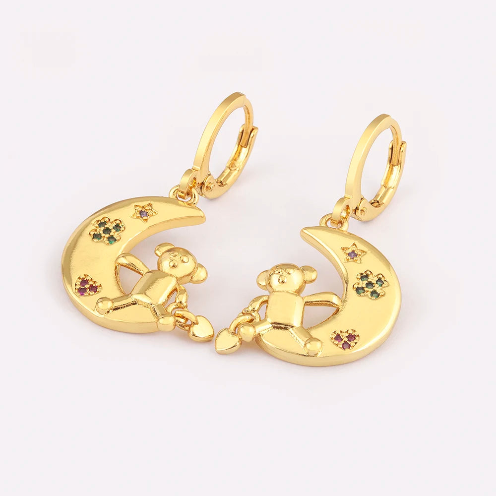 New Creative Design Moon Little Bear Heart Shape Zircon Earrings For Women Girl Fashion Cute Ear Jewelry Daily Party Gifts - Floq & Raman