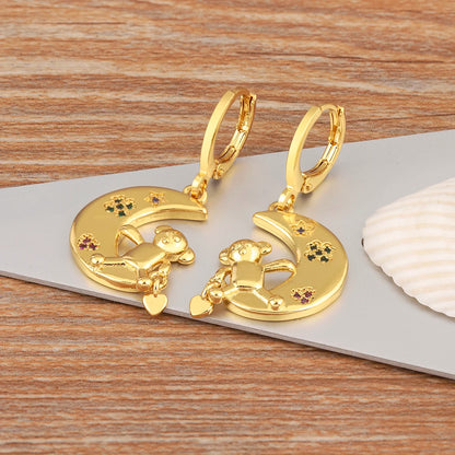 New Creative Design Moon Little Bear Heart Shape Zircon Earrings For Women Girl Fashion Cute Ear Jewelry Daily Party Gifts - Floq & Raman