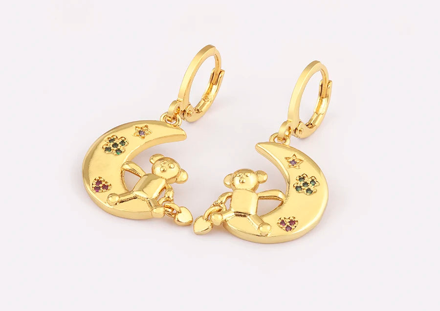 New Creative Design Moon Little Bear Heart Shape Zircon Earrings For Women Girl Fashion Cute Ear Jewelry Daily Party Gifts - Floq & Raman